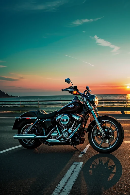 A Harley motorcycle is cruising on the highway, by the seaside, during sunset, capturing a sense of speed.