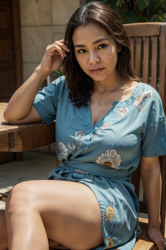 46 year old woman, typical Indonesian face,oval face,Big snub nose, rather thick lips,Slightly sharp chin, wide and large forehead,Eyes a bit wide, upper cheeks are slightly thick, wearing a bracket shirt, batik sarong, sitting on a chair,original image, hyperrealistic, very detailed image
(masterpiece), best quality, expressive eyes, perfect face