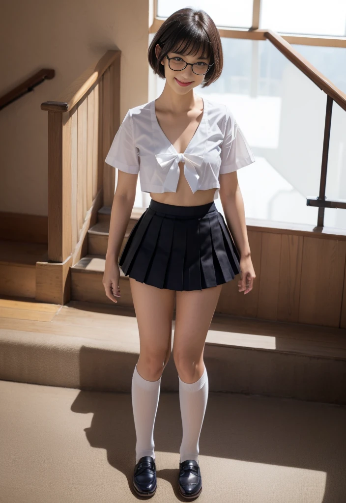 8k,cinematic lighting,top-quality,Top image quality,masterpiece,best quality,depth of field,ultra-detailed,from below,Standing,(mideum shot),(full body shot),1girl,Japanese,22 years old,(Gyaru:1.2),(Black hair,very short messy bobcut:1.2),(Oval light brown cell frame glasses:1.2),detailed brown eyes,(slender body:0.7),((flat chest:1.5)),slightly large hip,(tanned skin), school stairs, JP SCHOOL UNIFORM,22 years old,face,(navy skirt),,looking at viewer,navy highsocks,white panty,smiling,