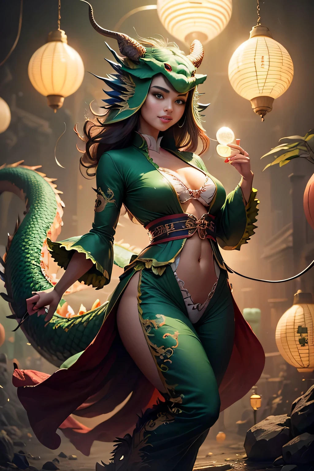 8K, Raw photo, Best Quality, masutepiece, (Photorealistic), Sharp Focus, 20-year-old woman, Beautiful face, Detailed face, Full body shot, (Wearing a baggy green dragon costume: 1.2), japanese dragon costume, Green scales, has a spherical crystal ball, Gentle smile, (Light from the front: 1.5)
