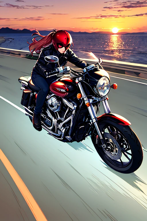 A Harley motorcycle is cruising on the highway, by the seaside, during sunset, capturing a sense of speed.