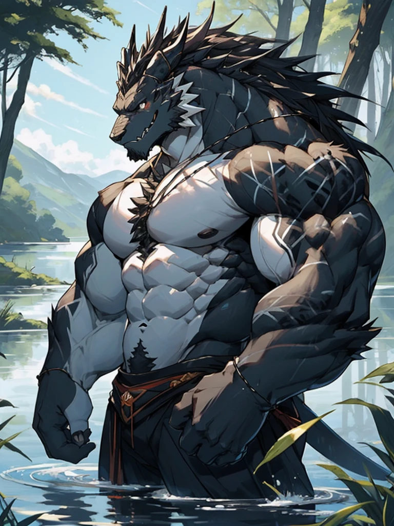 male people,drak,drak角,Black skin tone,White belly,Facial smile,lake background,Woods background,hairy,Muscle tissue,komono(avas),A majestic
