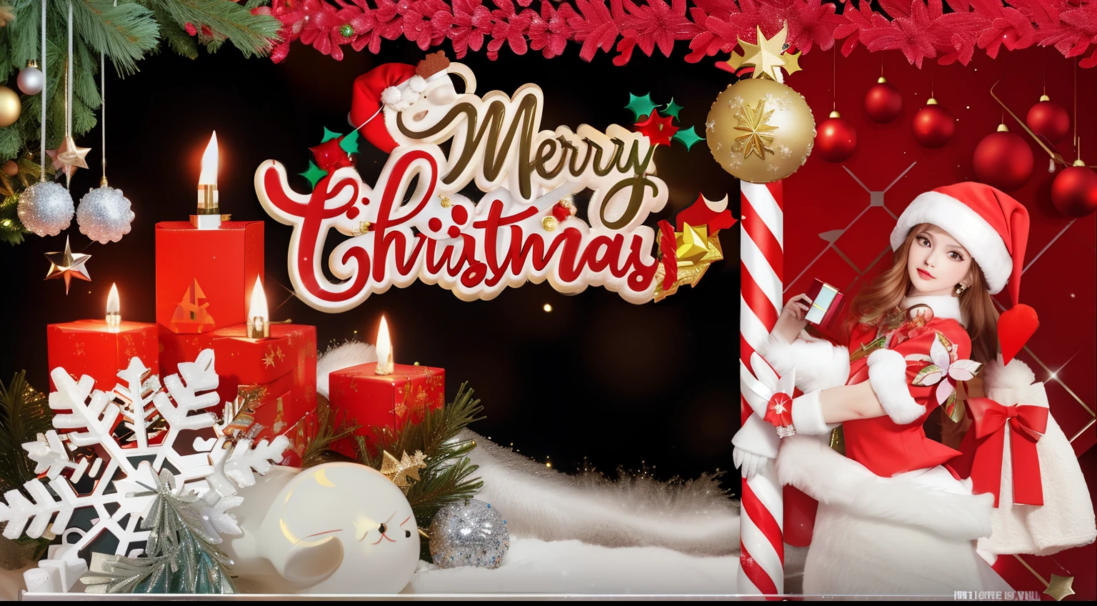 a close up of a woman holding a box near a christmas tree, merry, 💋 💄 👠 👗, wonderful, candy canes, 4 8 0 p, 480p, christmas, 🕹️ 😎 🔫 🤖 🚬, video, ❤🔥🍄🌪, christmas night, 720p, 7 2 0 p, very intense, santa, remover background, merg colour