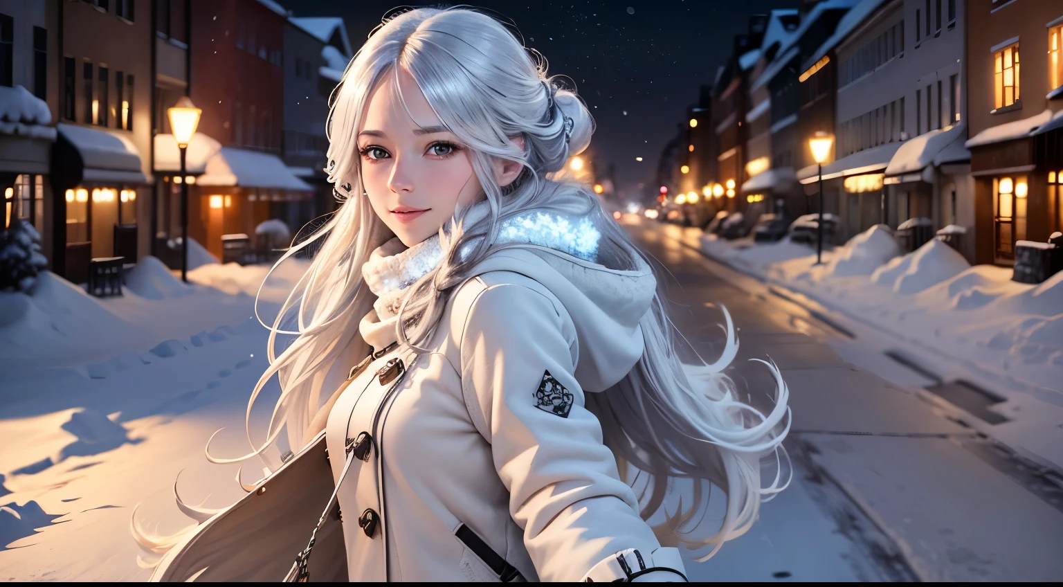 (best quality,4k,highres),(realistic:1.37),anime girl,long silver hair,stylish winter outfit,walking,fluffy white dog,snow-covered street,scenic background,vivid colors,soft lighting,detailed eyes,detailed lips,smiling expression,cityscape in the distance,falling snowflakes,playful interaction