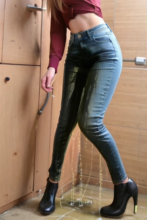 tall blonde woman, skinny jeans, heels, ((pee stain)), show heels, pee runs down legs of jeans, shins are soaked withe pee, shoes filled with pee