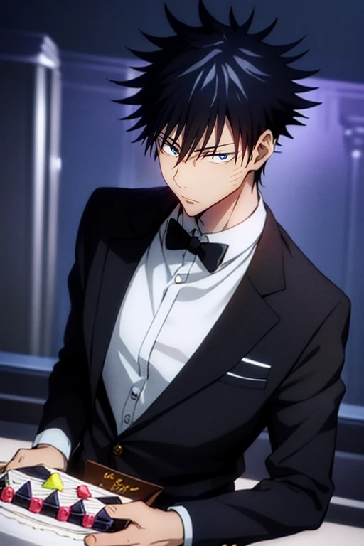 masutepiece, Best Quality, High quality, 1boy, Solo, Male Focus, Looking at Viewer, Upper body, Fushiguro_Megumi,One Boy, (((Sexy black suit,Eat birthday cake,nightclubs,colorful lighting,)))背景nightclubs,Fancy lighting,spot light,Beautiful hands