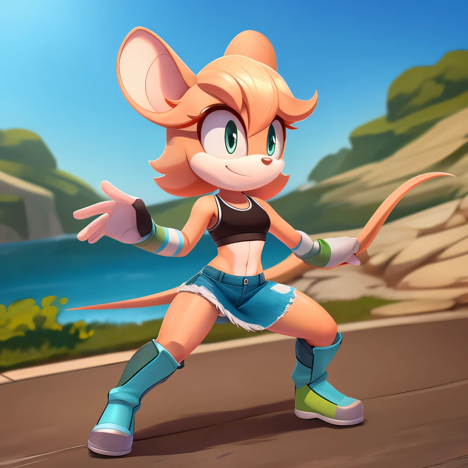 Female, mobian, jerboa, turquoise fur, peachy skin, lime colored sports bra, torn jean skirt, boots, arm warmers