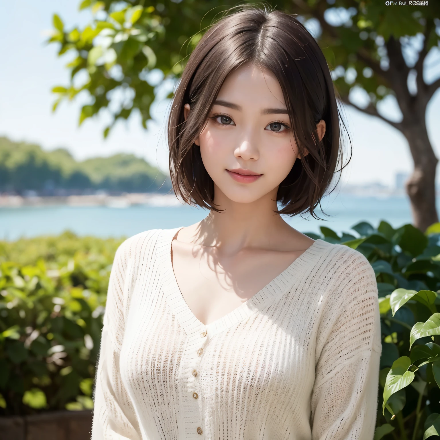 ​masterpiece、The highest image quality、hightquality、Beautuful Women、japanes、Popular Korean Makeup、detaileds、detailedsな目、detailedsな皮膚、Beautiful skins、超hight resolution、(现实:1.4)、very extremely beautiful、Slightly younger face、Beautiful skins、thin-waist、(A hyper-realistic)、(illustratio)、(hight resolution)、(8K)、(非常にdetaileds)(The best illustrationeautifully detailed eyes)、(超detaileds)、(wall-)、(detaileds顔)、ビューアのdetailedsを見る、 detailedsな顔、pureerosfaceace_v1、A smile、Looking straight ahead、photos realistic、Colorful hair color、(((very_Short_hair)))、((Background with:Natural greenery)),White sweater