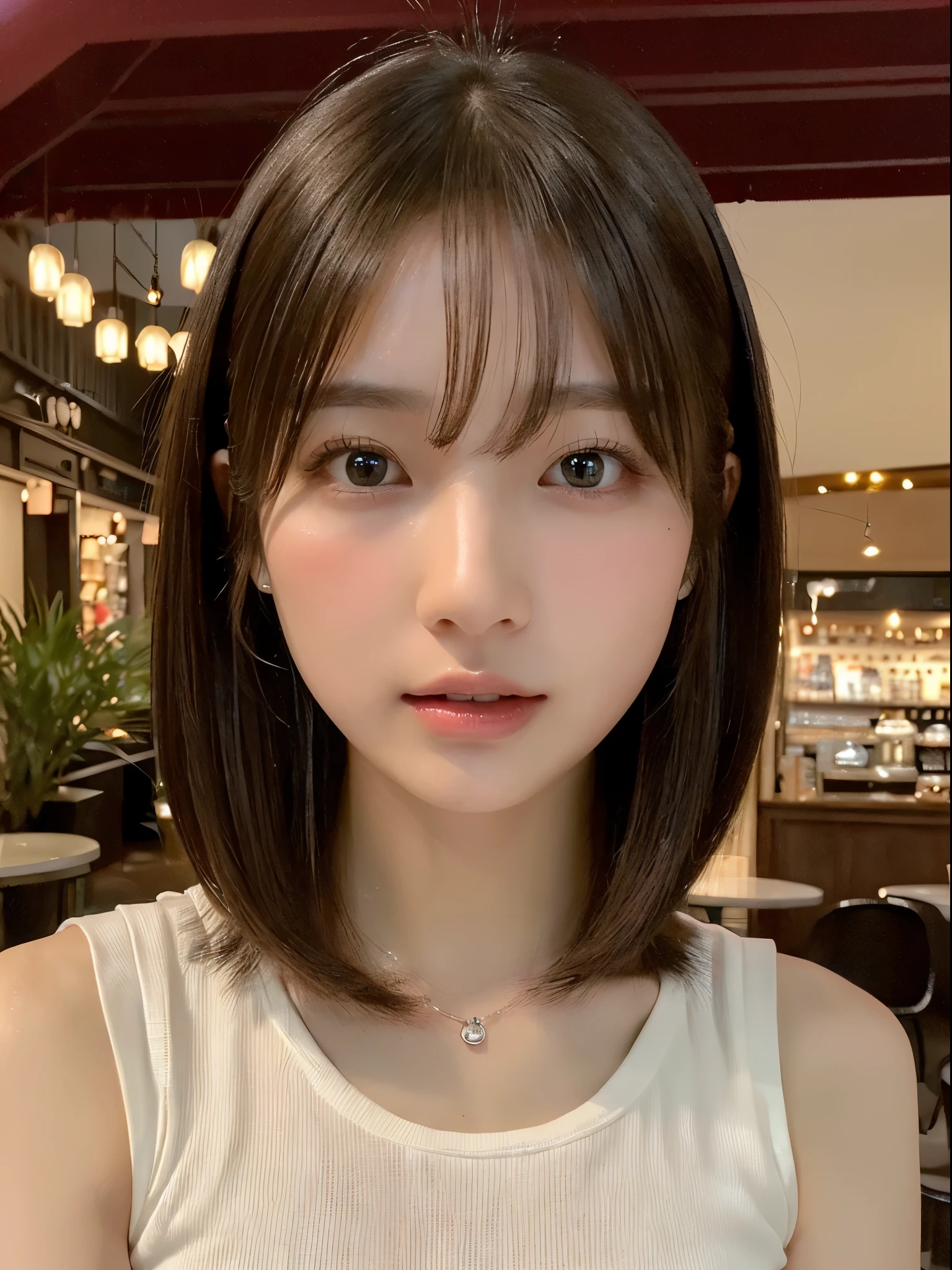 (The ultra -The high-definition:1.5)(ultra-detailliert:1.3) (ultra-quality) (An ultra-high picture quality:1.5) (rialistic photo:1.3) A Japanese Lady　21years old　((detailed and beautiful faces:1.3)) ((realistic skin textures:1.3)) ((Detailed and high quality eyes:1.3)) ((Detailed and high quality ears)) ((Beautiful, very fair and transparent skin:1.3)) ((Beautifully groomed straight short bob hair))Complete body　beautiful proportion　(Thin sleeveless shirt in fabric)　long gathered skirt　The background is the inside of a cafe at dusk.　Beautiful, luxurious and stylish store　((Looking at the viewer erotically:1.3)) Wet lips ajar　 huge tit