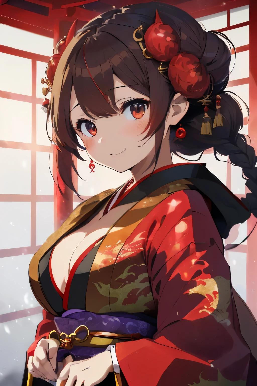 ((Brown hair)),((Braided shorthair)),((With black eyes)),Slight red tide,(Japanese clothes with open chest:1.5),(Komono:1.25),(fluffy cloak),(stylish five finger gloves:1.2),(Ruffled ornament:1.25),(Accessories and hair ornaments with flower motifs),(Usamimi:1.7),(Watch with a smile),(active movement:1.25),It's snowing a little,(The colors of the clothes are light purple, green, yellow, and red..),Kamimei,(close up of face:1.25),(Illustration of an oversized dragon in the background:1.5),(New Year'Atmosphere of:1.25),sexy pose