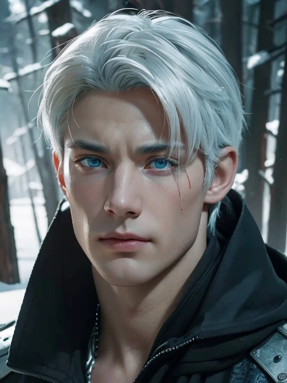 (((best quality))),(((ultra high resolution))),(((photo realistic:1.4))),(Portrait of a man)
BREAK
((38 year old)),(((large faded scar over right eye)))((white hair)),(((vivid blue eyes))), curtain hairstyle, a little stern, masculine face, roman nose, muscular, heroic, black armor, detailed and correct facial structure, johan liebert mixed with dante, handsome, attractive,
BREAK
frost forest scenery, realistic, cinematic lighting, unreal engine, masterpiece, best quality, by Irakli Nadar, Greg Rutkowski