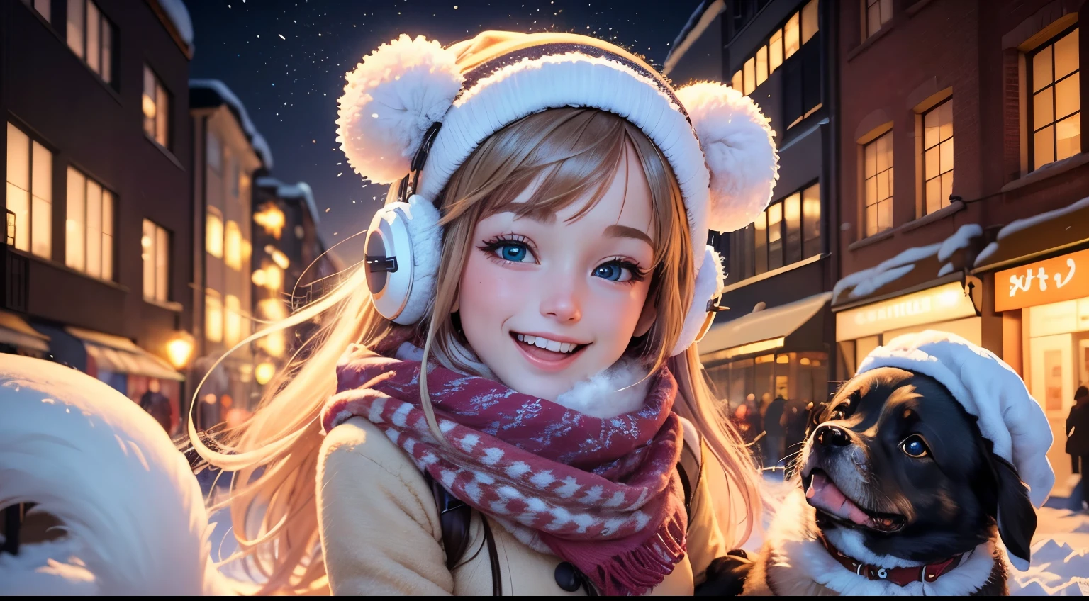 (best quality,4k,highres,masterpiece:1.2),ultra-detailed,realistic,anime,portraits,colorful,bokeh,New Year's Eve street,cute girl,dog,listening to music,green eyes,long hair,girlish outfit,excited expression,warm street lights,city atmosphere,celebration spirit,street decorations,enjoying the festive night,bright colors,cosy scarf,lively atmosphere,happy moments,sparkling lights,snowflakes falling,smiling faces,joyful energy,soft snow-covered ground,snowfall background,patterned earmuffs,winter fashion,pop music melodies,expressive eyes,playful winter attire,upbeat tunes,dancing in the snow,snowy rooftops,vibrant street art,music player with headphones,dog wagging its tail,energetic vibes,laughter in the air,positive emotions,togetherness,amazing night view,fun-filled night,lively manga style.