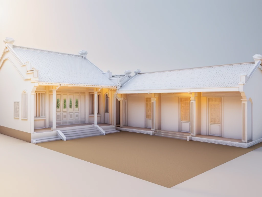 (sun light from the left), arafed ALL IN NEW STYLE A  house with a staircase and a porch, an ambient occlusion render, ambient occlusion render, strong ambient occlusion, ambient occlusion:3, beautiful render of tang dynasty, high detail 3 d render, ambient occlusion, ultra ambient occlusion, ambient reflective occlusion, architecture render, high detail render