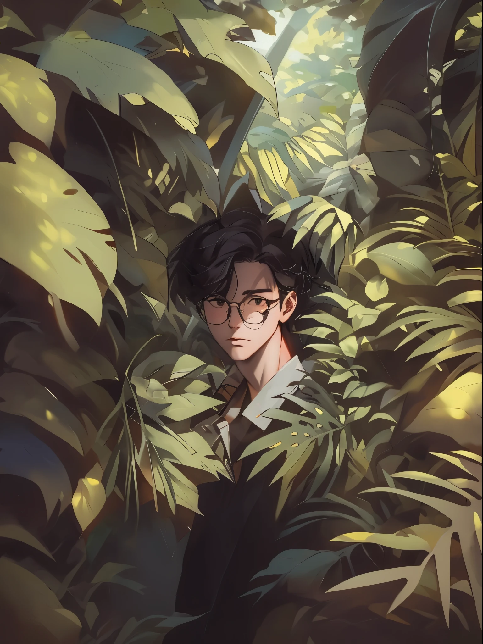 anime man in a jungle with plants and a bird,