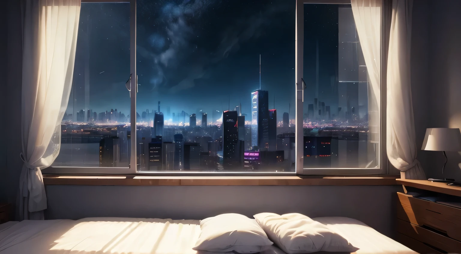 Cidade movimentada fora da janela，perssonage cyber punk，There&#39;the bed in front of the window，Electronic clock，a noite，messy rooms，A sky full of stars