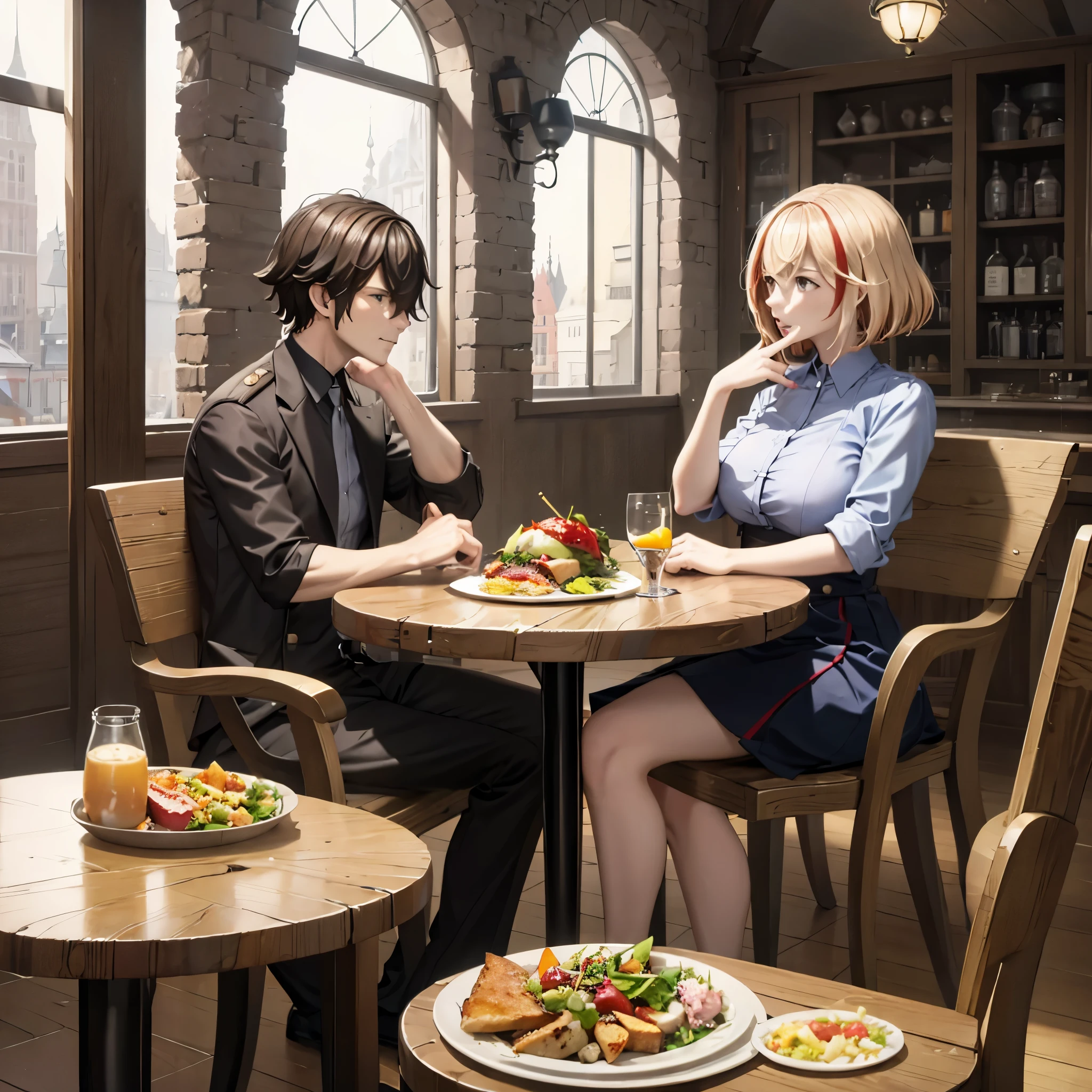 a man and a woman having lunch together
