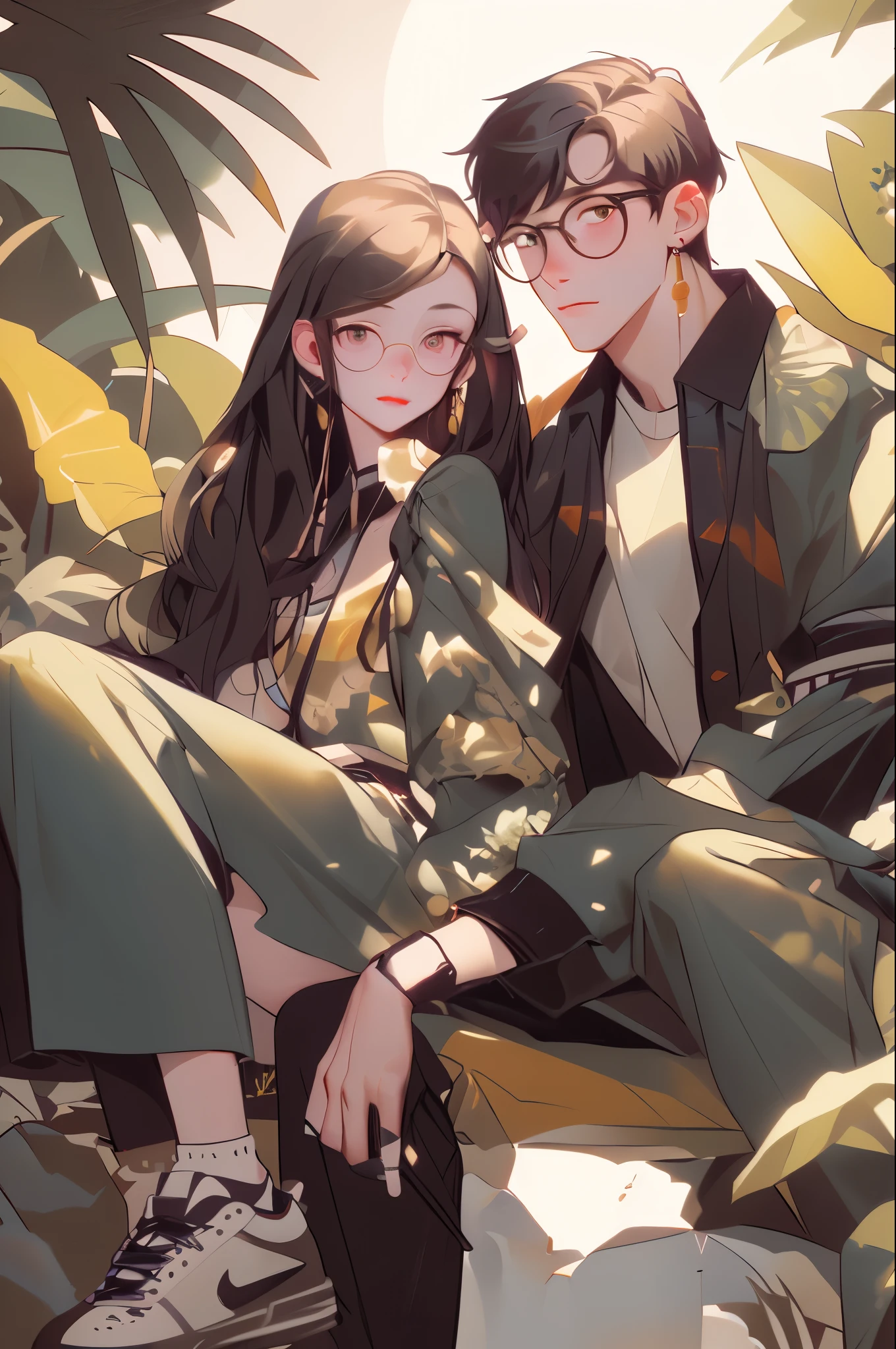 anime couple sitting on rock with plants and plants in background, illustration style, artwork in the style of guweiz, trending on artstration, digital anime illustration, manhwa, lovely couple, cute art style, in style of digital illustration, high quality fanart, by Ryan Yee, anime style illustration, detailed fanart, with ivy, in the style of sachin teng