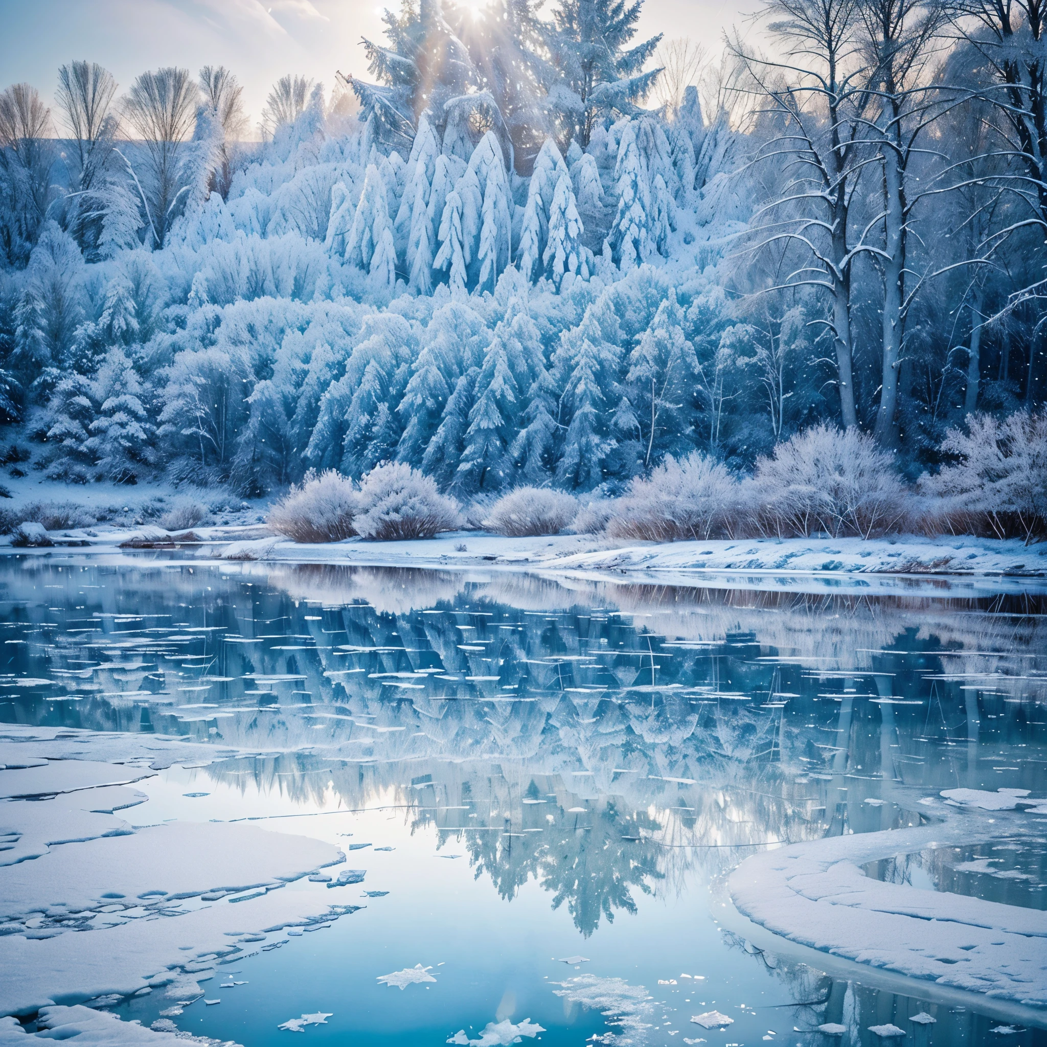 A close up of a lake with ice on the water - SeaArt AI