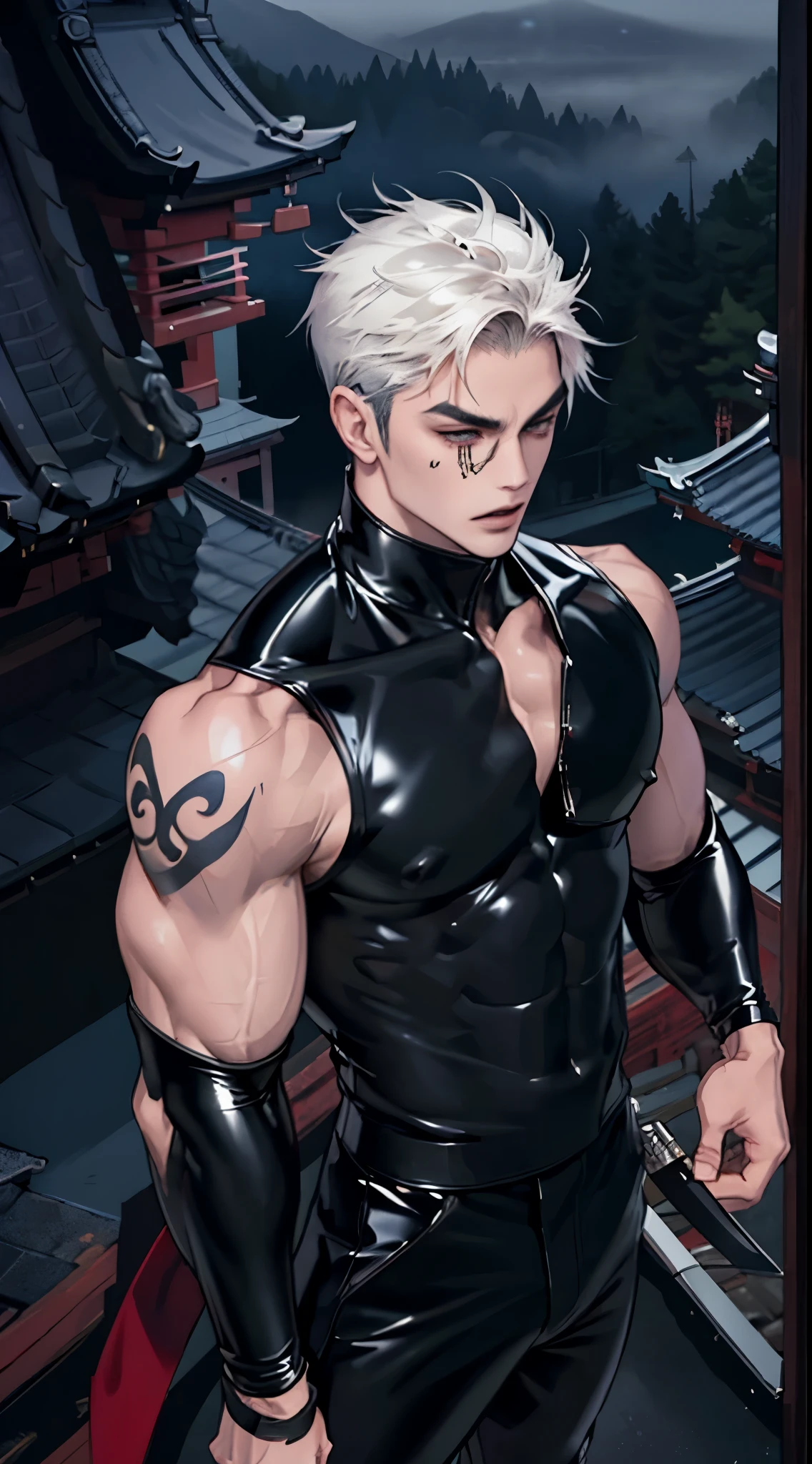 Japanese male ninja, muscular, cool, handsome, sharp, pale skin, pierced ears, wears a sexy tight black latex leather outfit, tattoos, bladed weapon, mysterious, solemn, late at night, on the roof of a Japanese temple, dark, fog. thick, portrait
