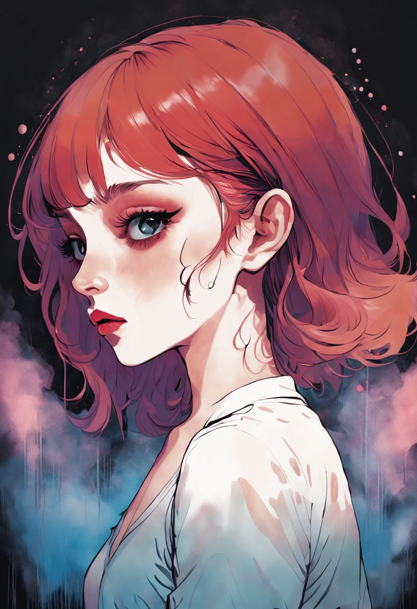 chiaroscuro technique on  illustration of an elegant girl, loli wet hair, vintage, eerie, matte painting, by Hannah Dale, by Harumi Hironaka, extremely soft colors, vibrant, highly detailed, digital illustrations , high contrast, dramatic, refined, tonal, sexy facial expression