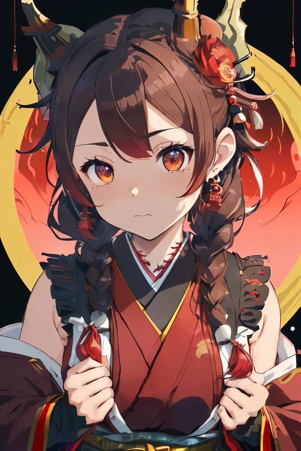((Brown hair)),((Braided shorthair)),((With black eyes)),Slight red tide,(Japanese clothes with open chest:1.5),(Komono:1.25),(fluffy cloak),(stylish five finger gloves:1.2),(Ruffled ornament:1.25),(Accessories and hair ornaments with flower motifs),(Usamimi:1.7),(seeing viewing),(active movement:1.25),It's snowing a little,(The colors of the clothes are light purple, green, yellow, and red..),Kamimei,(close up of face:1.25),(Illustration of an oversized dragon in the background:1.5),(New Year'Atmosphere of:1.25),(Face up:1.7),sexy pose,(hug the dragon's body:1.5),