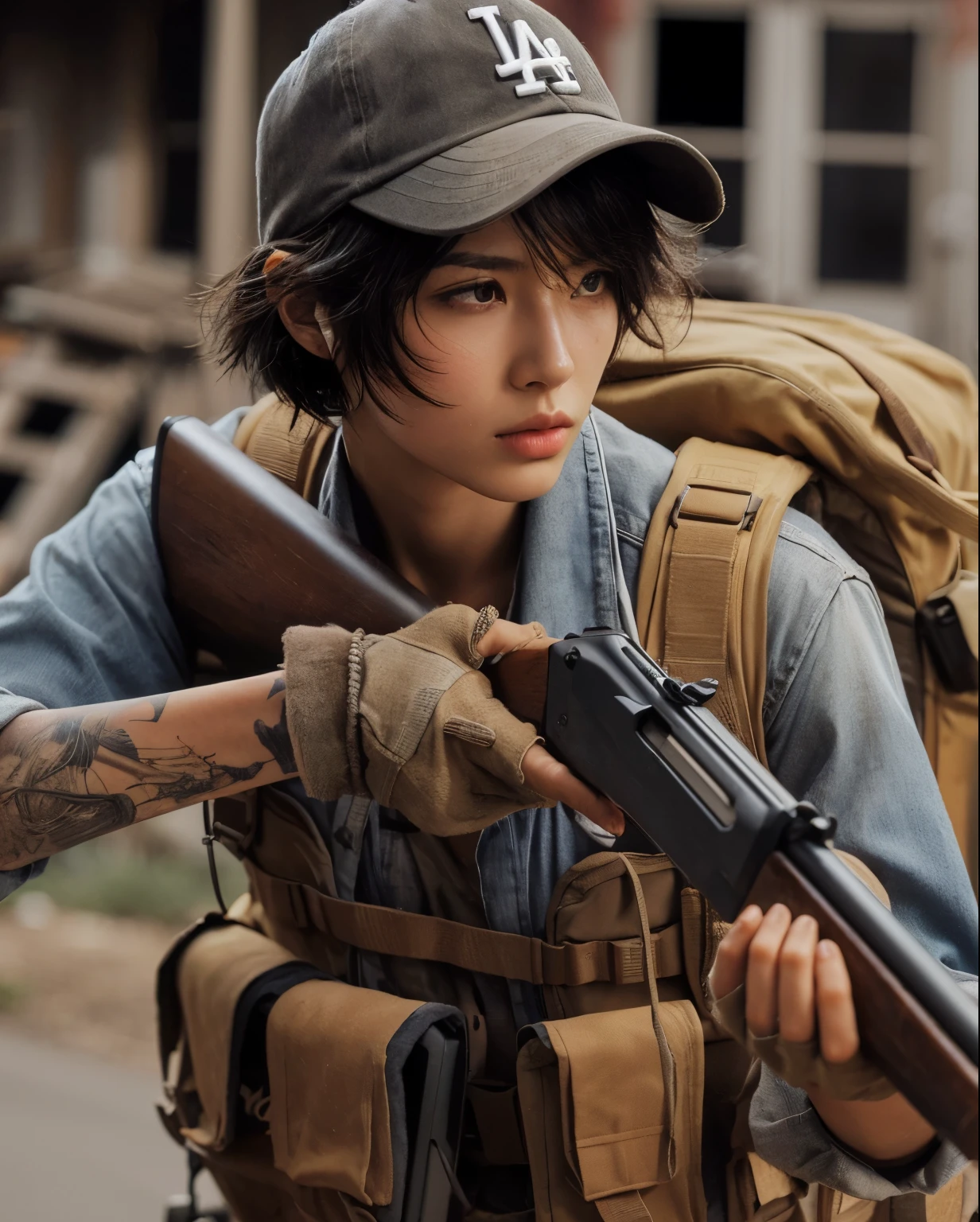 Photorealsitic、realistic skin textures、automatic rifle