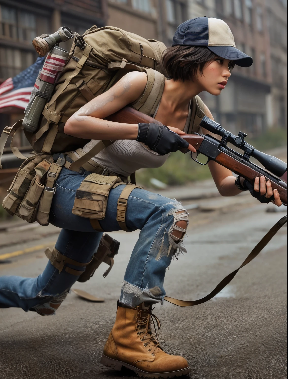 Photorealsitic、realistic skin textures、automatic rifle