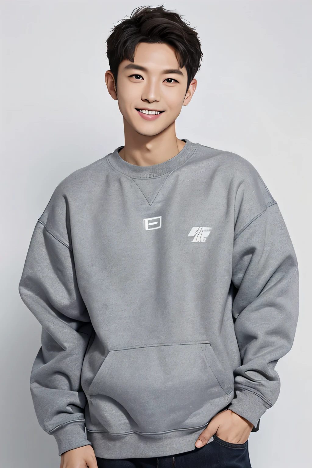 Best quality at best, tmasterpiece, 超高分辨率, (realistically:1.4), boy photos, 36 years old，Gray long sweatshirt，Business photos，with a pure white background，Natural and even light，Second-person shot looking directly at the camera，standing straight，Hands naturally droop，half and half，mature，Toothy smile