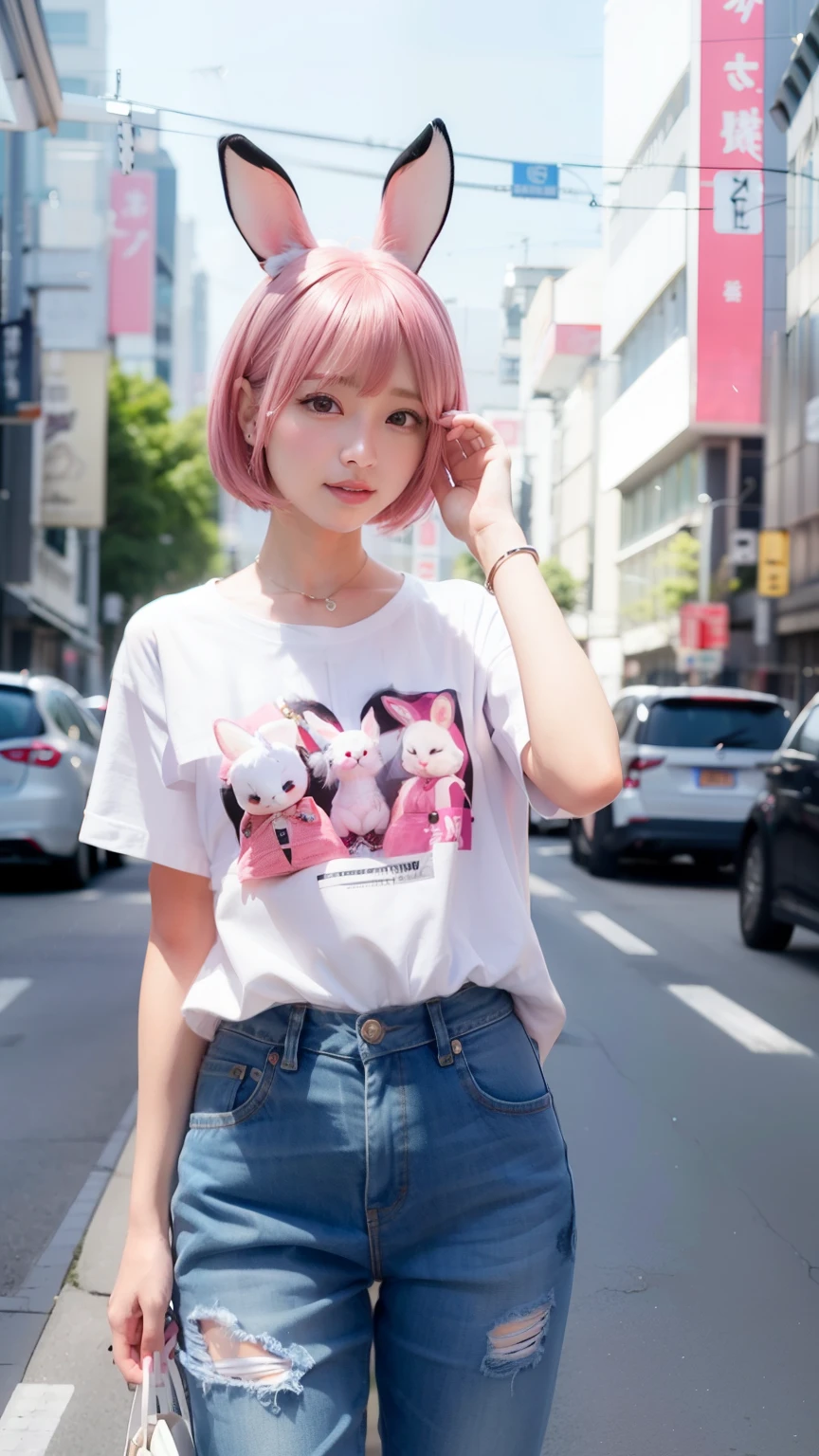 City of the Day、Street speeches、Spread your legs and open them、Wearing jeans pants、jeans、Under the streetlight、In the middle of the intersection、BIGsize Y shirt、Pink short cut hair、Pink hair color、Pink rabbit ears stick out of the head、Japan women、K-POP、kawaii faces、Small underwear、masutepiece、Crystal clear white skin、M-shaped legs、A pink-haired、Beautiful rabbit woman、Healthy five-fingered not ragged、Number of normal fingers、small tits、Shortcut Bob、M-shaped legs、不快感のないAnatomically correct number of fingers、Beautiful nose、beautidful eyes、posterior view、Raise your ass and street、Pink short cut hair、(8K, top-quality, masterpiece:1.2), (realisitic, Photorealsitic:1.37)、cute little、report、(A smile:1.15)、(smil)、tiny chest、(short-hair:1.2)、masuter piece、ピンクのShortcut Bob、realisiticなウサギの耳、ピンクのrealisiticなウサギの耳、頭から突き出ているウサギのrealisiticな耳、Pink hair、A beautiful girl with a bewitching atmosphere、Beautiful shaped hands、K-POP、Pink rabbit ears、1 girl in、report、masterpiece、top-quality、realisitic、Hyper-detailing、absurderes、短いA pink-haired、Slender beauties、动态照明、hight resolution、foco nítido、depth of fields、(thick thight:1.0)、A slender :1.2,((Shortcut Bobの髪))、((k pop:1.3)),Highly detailed facial and skin texture、((魅惑的)),Anatomically correct number of fingers,Correct anatomy