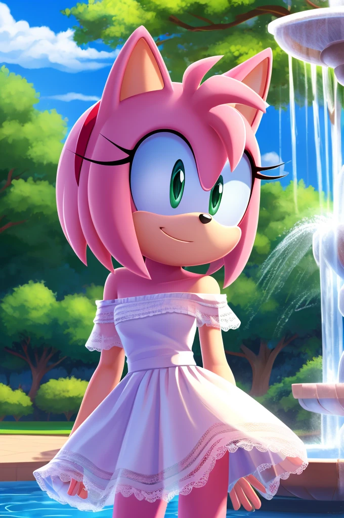 Amy Rose, Bare Shoulders, Strapless White Dress, White Lace Off-shoulder top, White Ruffle Off-the-Shoulder Top, White Long Skirt, Bangs, Smile, Standing Up, Hands Down, Park Background, water fountain, close-up, daylight, 2D flat, 2D illustration, cartoon style.