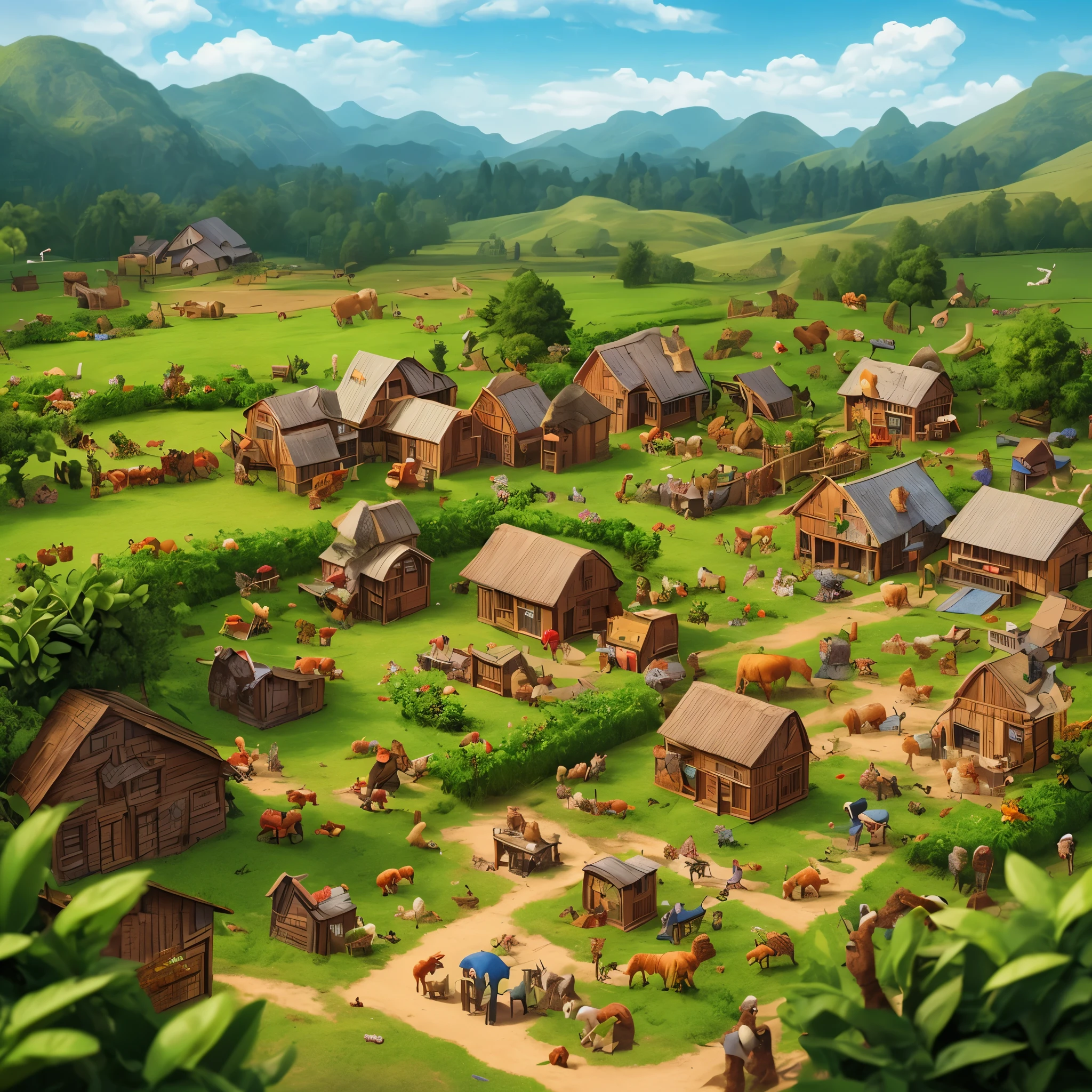 (Best Quality, masutepiece, hight resolution, Detailed), farm in toyland, miniature animals, miniature farmers, miniature livestock, miniature farm life,