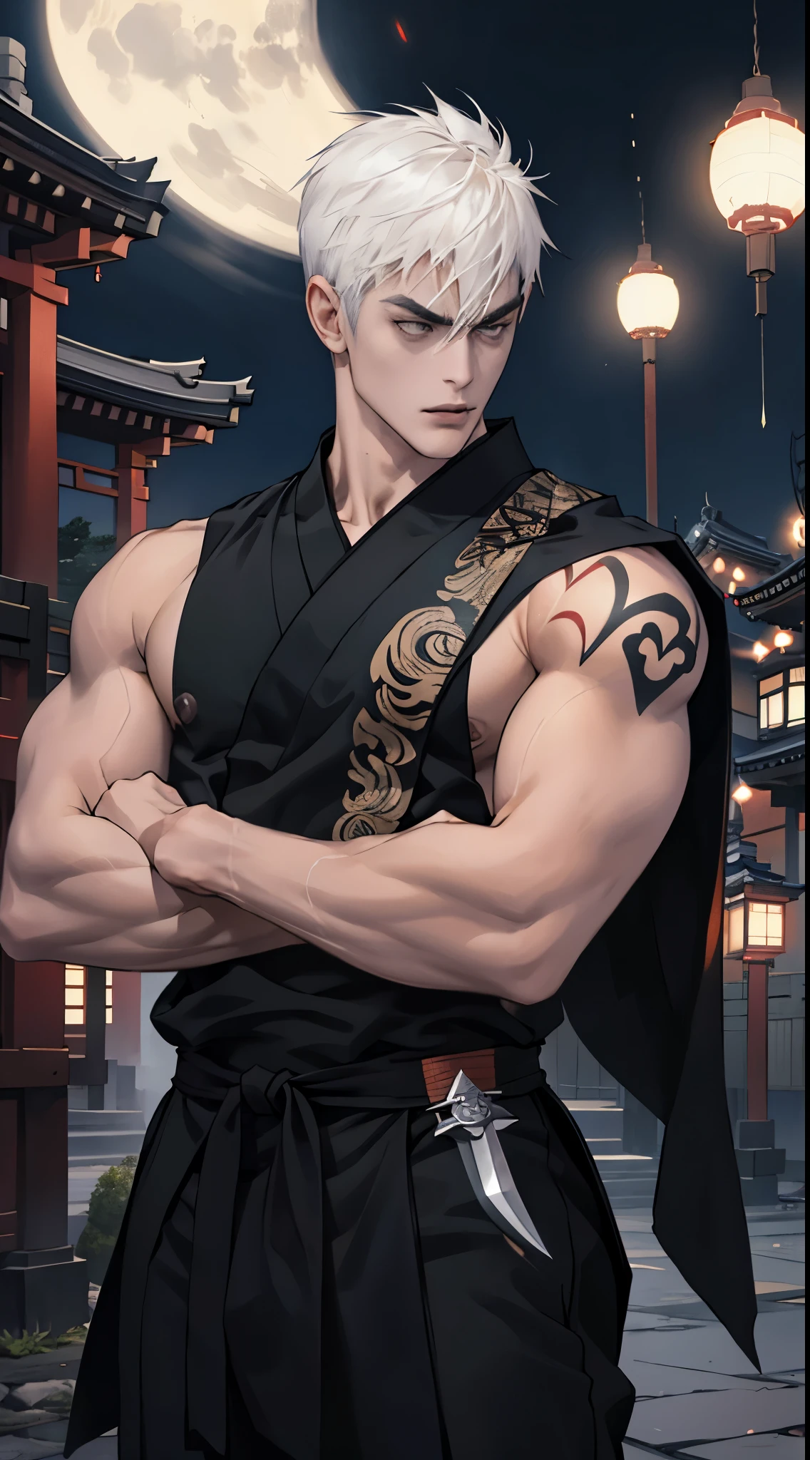 Japanese male ninja, muscular, cool, handsome, sharp, pale skin, pierced ears, wears a sexy tight black ninja outfit, tattoos, knife weapon, mysterious, solemn, late at night, on the roof of a Japanese temple, dark, fog. thick, portrait