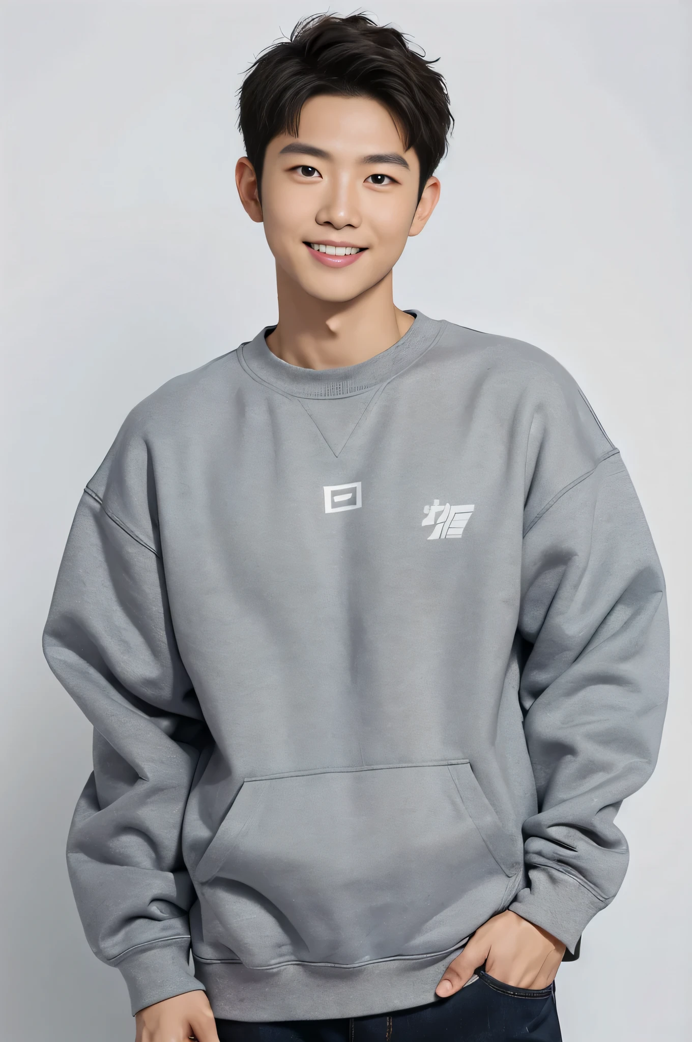 Best quality at best, tmasterpiece, 超高分辨率, (realistically:1.4), boy photos, 36 years old，Gray long sweatshirt，Business photos，with a pure white background，Natural and even light，Second person lens looking directly at the camera，standing straight，Hands naturally droop，Half and half，mature，Toothy smile,straight teeth