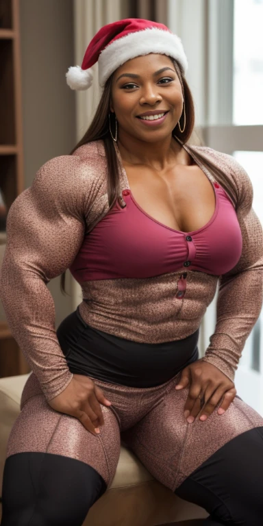 old queen latifah, heavily muscled iffb pro female bodybuilder,masterpiece, best quality, 1girl, vpl, button up shirt, pink oil glossy compression leggings, Christmas hat, risque, smirk, biceps, leaning back in chair,