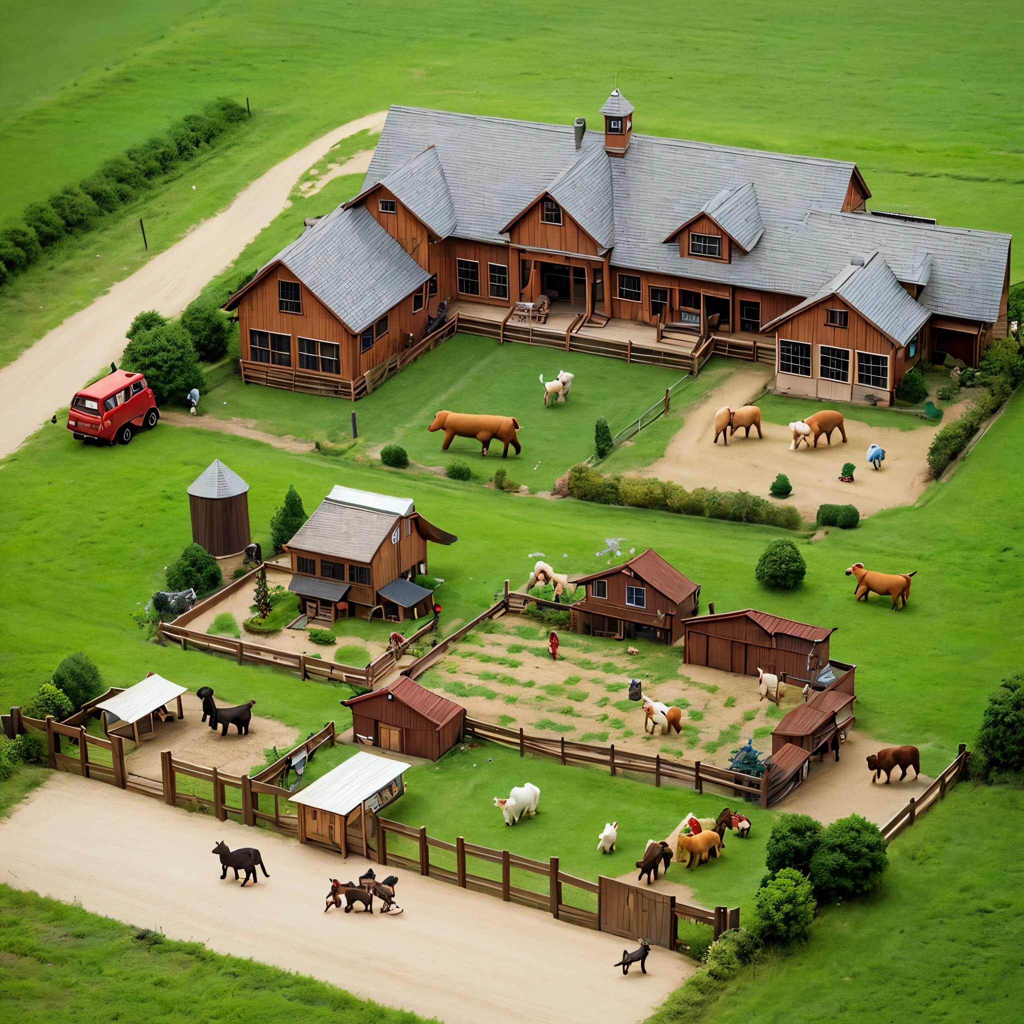 (Best Quality, masutepiece, hight resolution, Detailed), farm in toyland, miniature animals, miniature farmers, miniature livestock, miniature farm life,