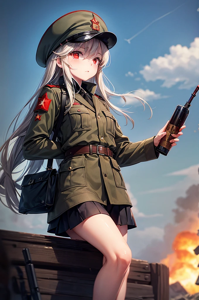 military, ww2, ussr army, Killing expression, Wear a short skirt, Drink vodka, Alone, photo techniques, 5 fingers, girl, Red eye, Carrying an weapon, ushanka,