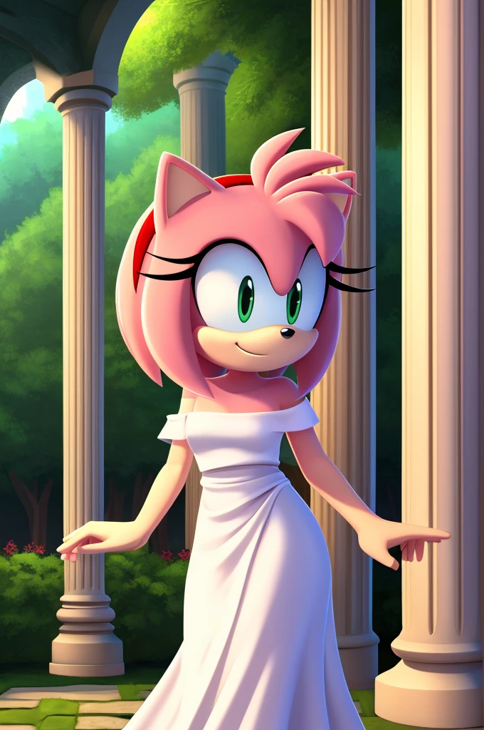 Amy Rose, Bare Shoulders, Strapless White Dress, White Lace Off-shoulder top, White Ruffle Off-the-Shoulder Top, White Maxi Dress, Bangs, Smile, Standing Up, Hands Down, Garden Background, Columns, close-up, daylight, 2D flat, 2D illustration, cartoon style.