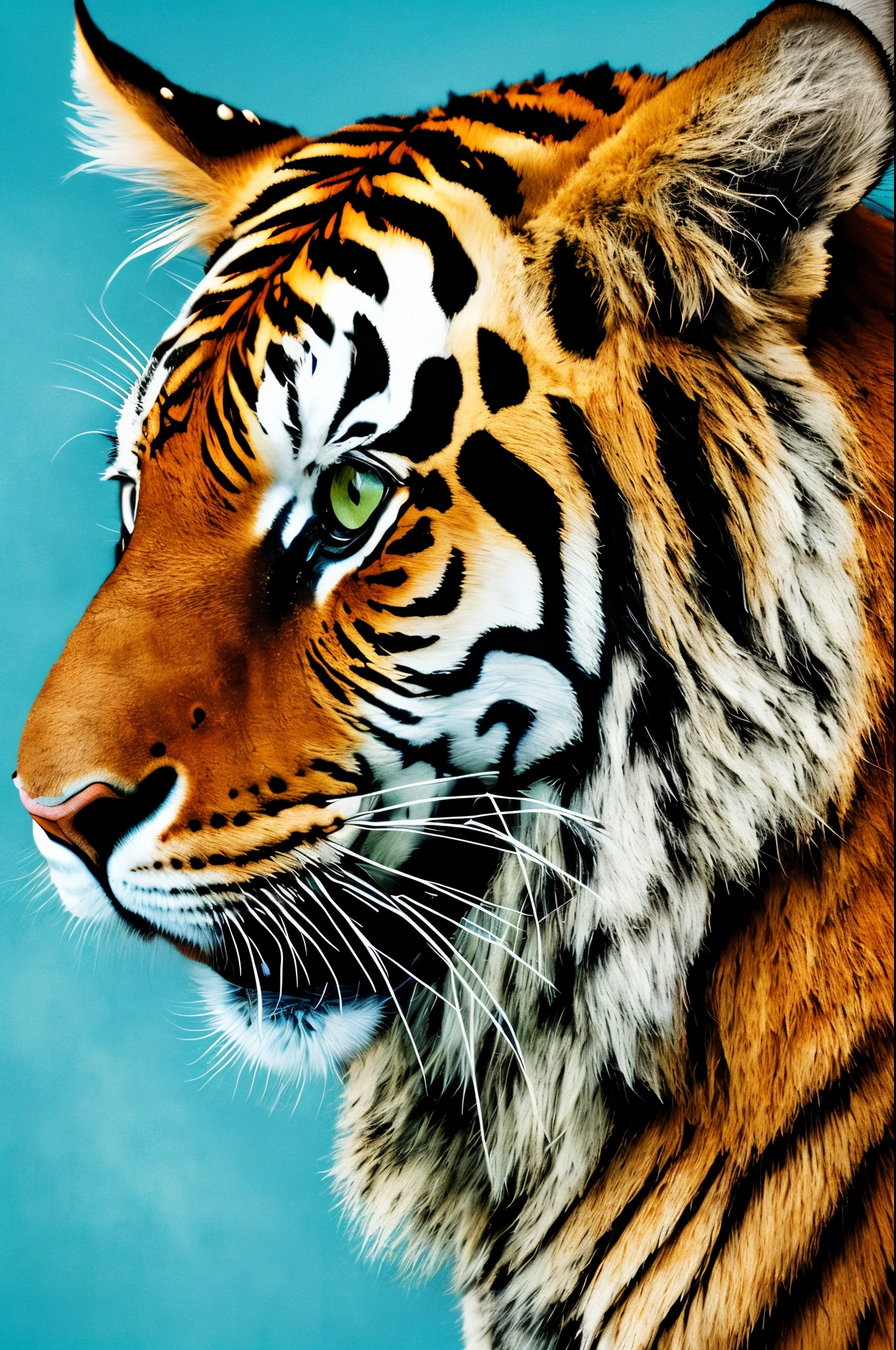 a tiger, minimalistic colorful organic forms, energy, assembled, layered, depth, alive vibrant, 3D, abstract, on a light blue background   Blood is dripping from the mouth --auto --s2