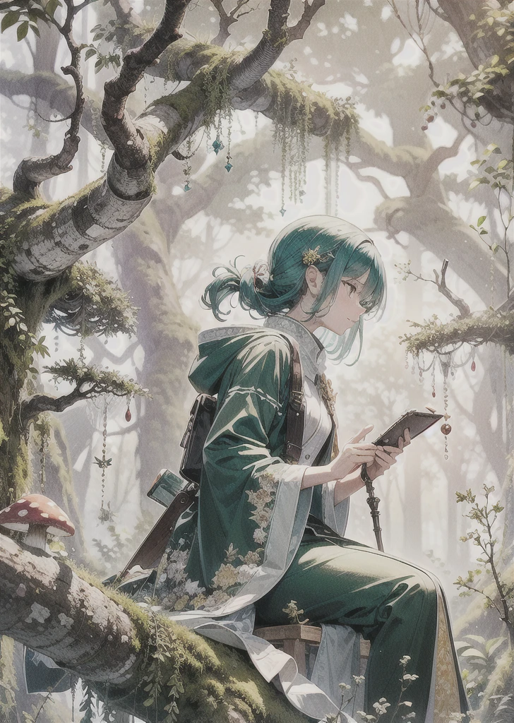 natural lighting, profile, soft smile, expressive hair, knobby wooden staff, moss green robe, deep forest, Overgrown trees, Mushrooms, berries, moss,