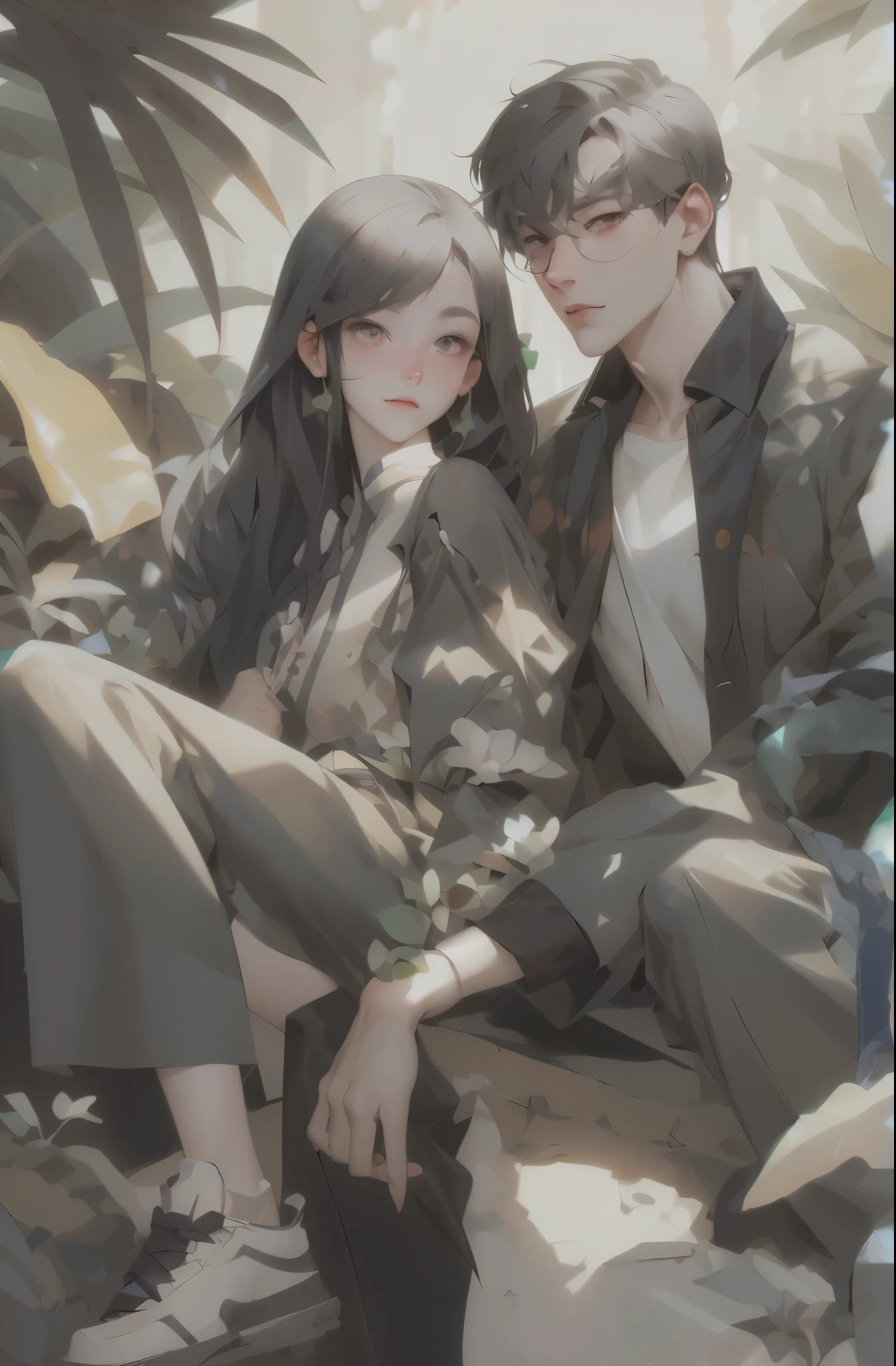 anime couple sitting on rock with plants and plants in background, illustration style, artwork in the style of guweiz, trending on artstration, digital anime illustration, manhwa, lovely couple, cute art style, in style of digital illustration, high quality fanart, by Ryan Yee, anime style illustration, detailed fanart, with ivy, in the style of sachin teng