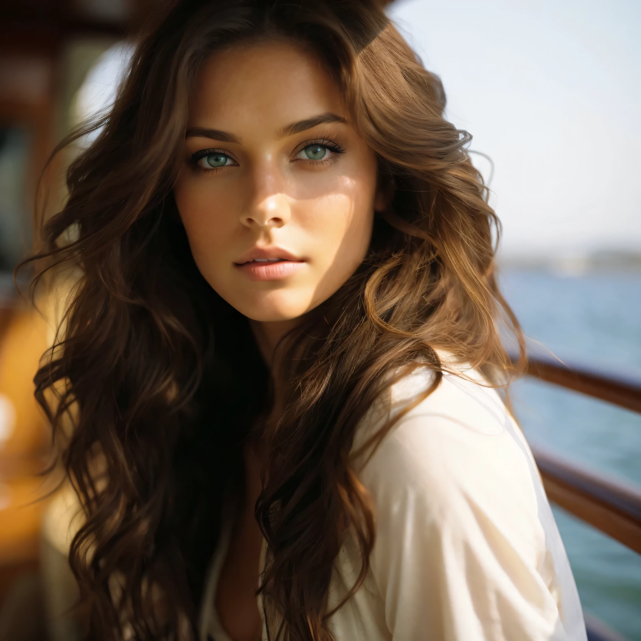 arafed woman with long brown hair and blue eyes on a boat, attractive beautiful face, gorgeous attractive face, photo of a beautiful woman, gorgeous beautiful woman, attractive brown hair woman, beautiful female model, beautiful face and flawless skin, beautiful model girl, gorgeous woman, with green eyes, beautiful model, beautiful young woman, beautiful girl model, full body, jean shorts