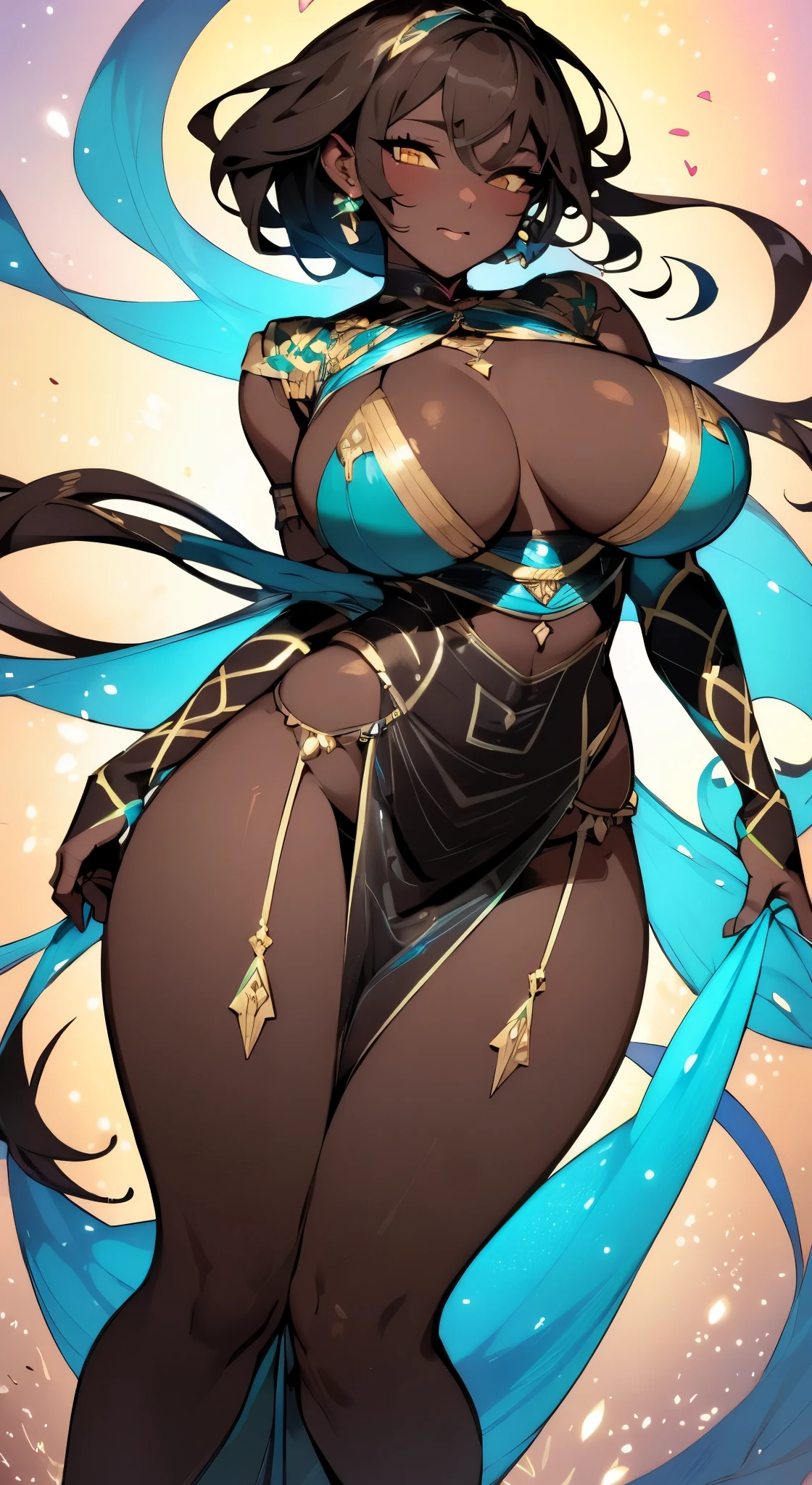 (dark brown skin:1.4), extreme tanned skin, magical, gothic clothing, black and white style, Cosmic Fallen Angel, glowing light eyes, puffy tiered rainbow ballgown, princess, intricate dress design, vibrant pastel colors, Biomechanical, eerie, Creepy, nightmarish, Very bright colors, Light particles, with light glowing, big cheeks, long legs, curvy, indigenous yellow and green breast painting, breast painted blue and yellow, indigenous yellow and green facial painting, honey eyes, full body image centered around the buxom young miller's exceptionally attractive with big breast and revealing exposed cleavage with wide hips and narrow waist and exuding an alluring and voluptuous physique that radiates warmth and sensuality, cheerfull and happy expression on her face, beautiful lips, detailed large eyes, Her eyes are a striking and inviting feature, realistic body details scar and fracture, extreme abnormally huge boobs,tranquil flower princess with soft hair dancing in the wind and intricately braided. Her sweet face has puffy, kissable lips and stunning, highly realistic eyes, hires eyes, 8k eyes, beautiful detail eyes, realistically shaded eyes, and realistic eyes in vibrant colors. She is wearing delicately detailed colourful fabric of gossamer silk and satin, midst of the most beautiful meadow in the world and is surrounded by beautiful flowers of varying sizes and colors, with delicate flowers dancing in the wind and creating a dynamic and compelling image