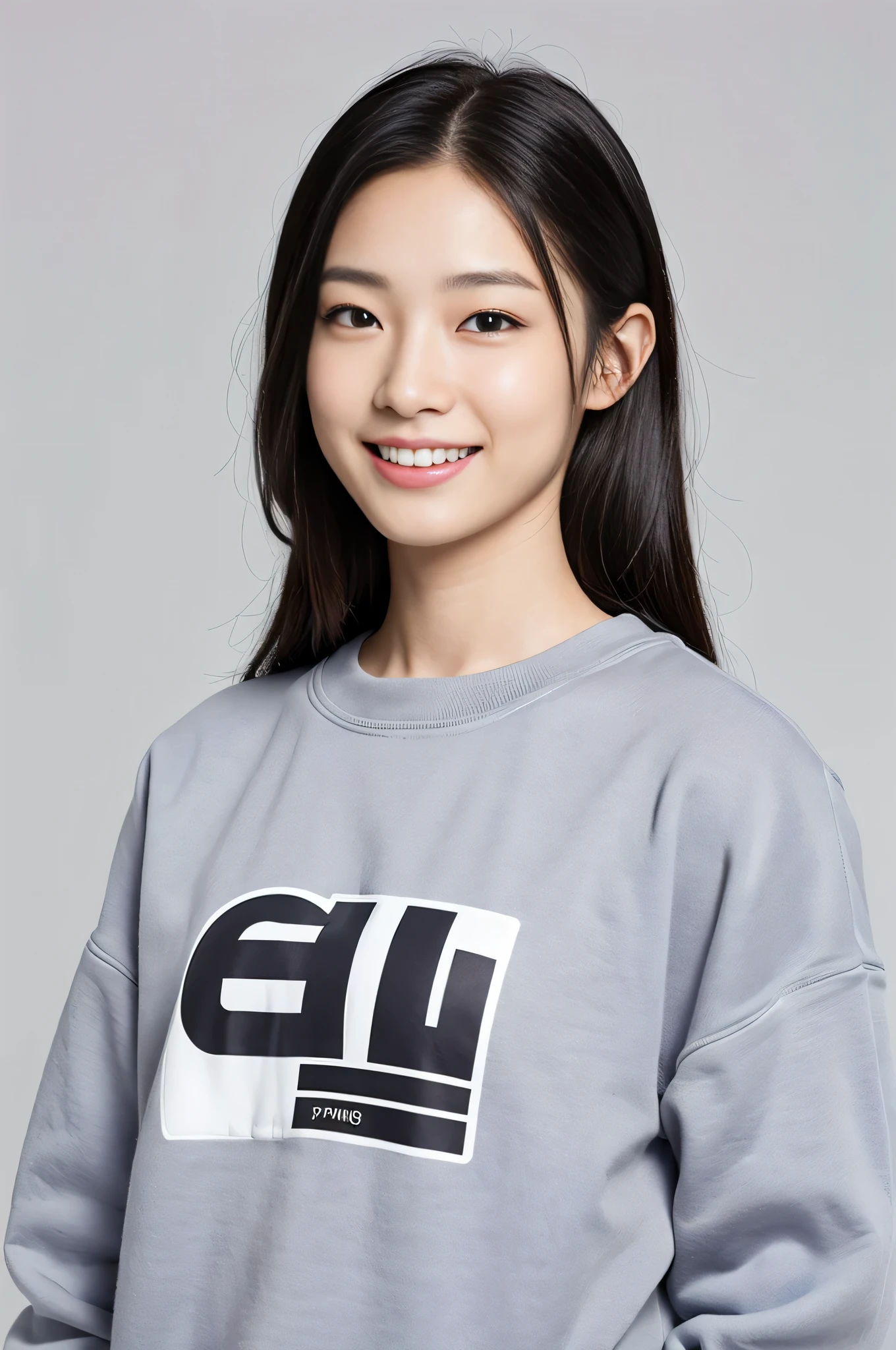 Best quality at best, tmasterpiece, 超高分辨率, (realistically:1.4), boy photos, It's a perfect face,Grinning,Unpatterned Long Gray Sweatshirt,Business photos,with a pure white background,Natural and even light,Second person lens looking directly at the camera,standing straight,Hands naturally droop,Reliable feeling,Small under the chest