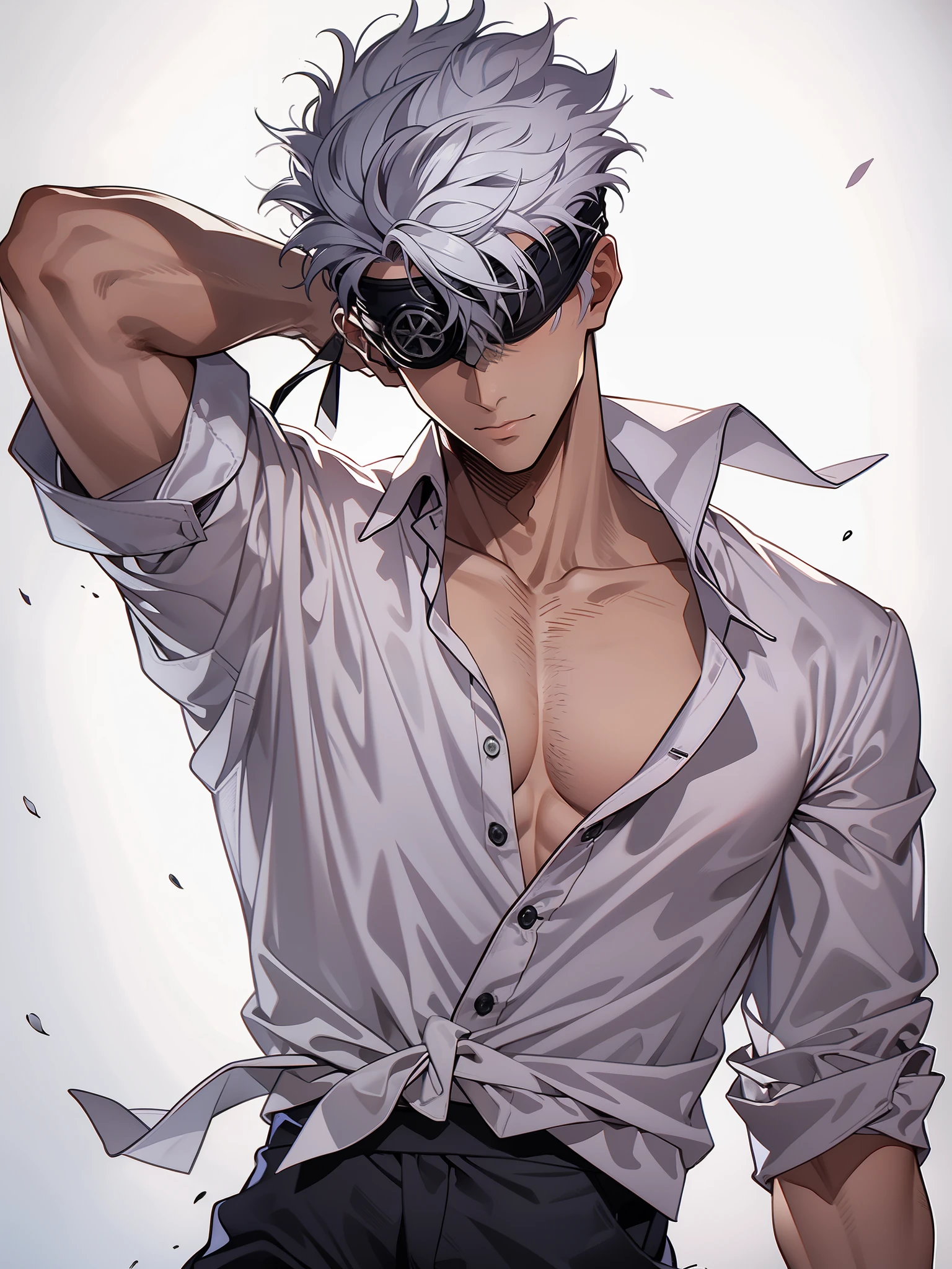 Gojo Satoru, male, black eyepatch, white hair, shirt, tie, black pants, muscles, details, HD,UHD, masterpiece, ccurate, award winning, best quality, highres, 1080P, anatomically correct, anatomically correct