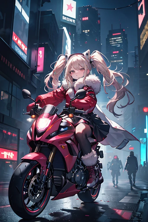 absurdres, absolutely resolution, incredibly absurdres, highres, ultra detailed, official art, unity 8k wallpaper, (glowing:1.4), BREAK 1 girl, soro, twintails, long hair, blonde hair, bow, cyber costume, fur jacket, gray shirt, skirt, neon lights costume, boots, cyber belt, (glowing clothes:1.4), BREAK (cyberpunk:1.2), science fiction, cyber city, neon lights, night, high place, BREAK carry white big suck, carry big gift box, BREAK riding cyber motorcycle, big wheel, high speed, speed lines,,
