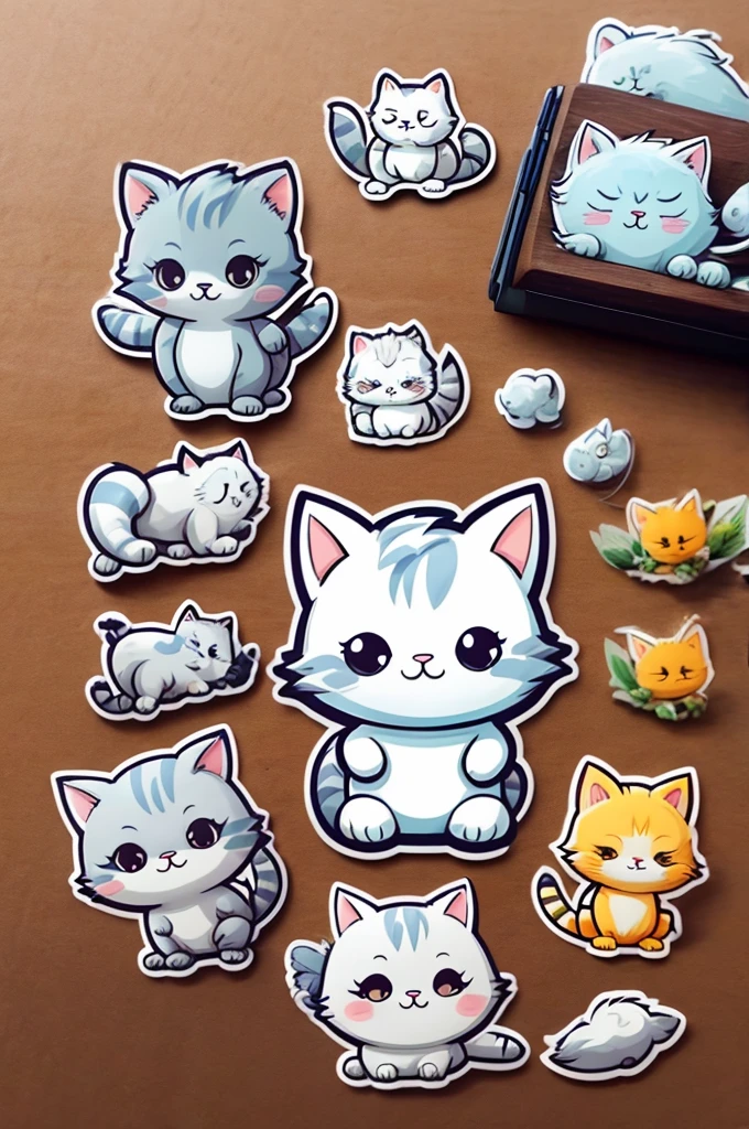 Sticker: cartoon fluffy gray cat, cute, simple line drawing. Drawn by a 6 year old child. Many poses, many emotions, many characters. White background.