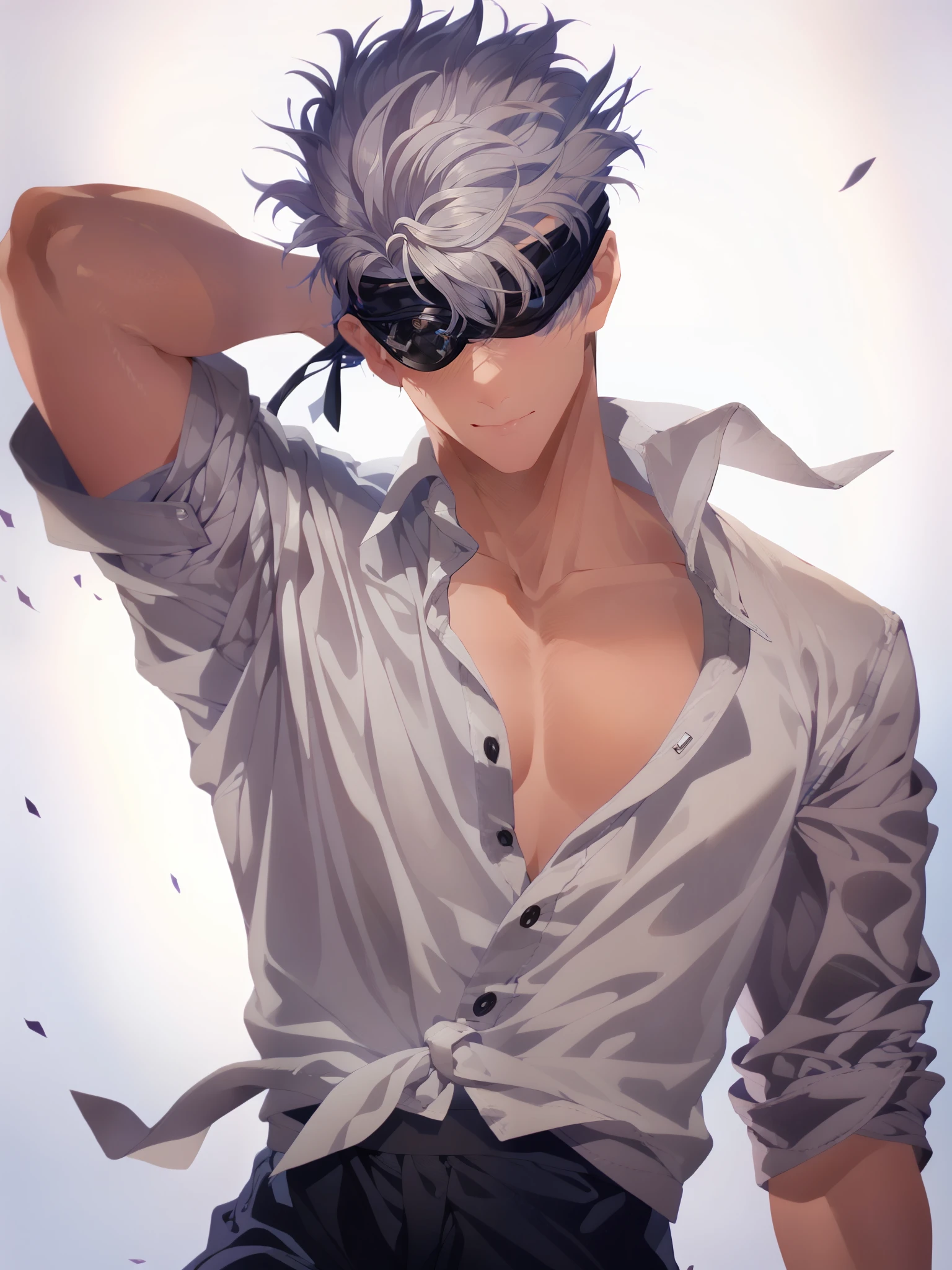 Gojo Satoru, male, black eyepatch, white hair, shirt, tie, black pants, muscles, details, HD,UHD, masterpiece, ccurate, award winning, best quality, highres, 1080P, anatomically correct, anatomically correct