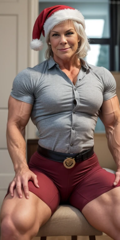old jamie lee curtis, heavily muscled iffb pro female bodybuilder,masterpiece, best quality, 1girl, vpl, button up shirt, pink oil compression leggings, Christmas hat, risque, smirk, biceps, leaning back in chair,