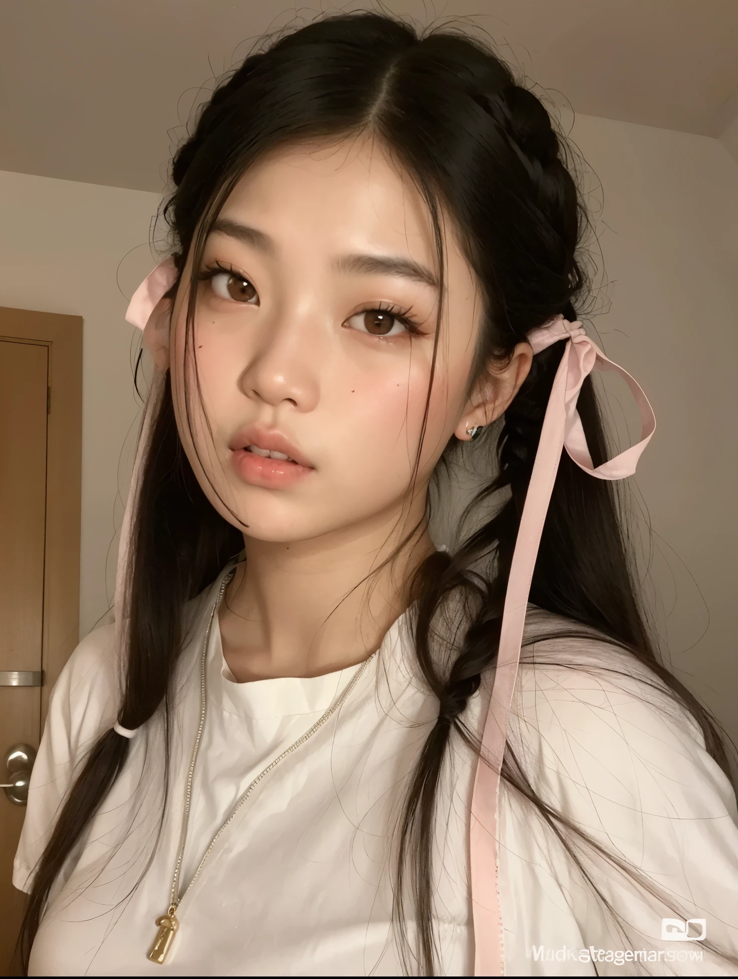 Curly Asian woman with long hair, vestindo uma camisa branca e fita rosa, Ulzzang, coreana, young adorable korean face, jennie blackpink, penteado pigtails, young cute wan asian face, wan adorable korean face, Mulher sul-coreana bonita, korean face features, two penteado pigtails, penteado twintails, mulher coreana jovem bonita, linda mulher coreana jovem