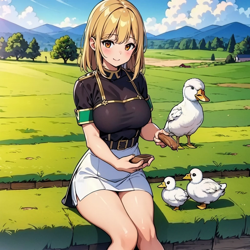 (best quality,4k,8k,highres,masterpiece:1.2),ultra-detailed,,a girl holding a duck in her hands on a farm,illustration,,lovely appearance,farm background,natural lighting,vivid colors,soft and warm color tone,traditional art style